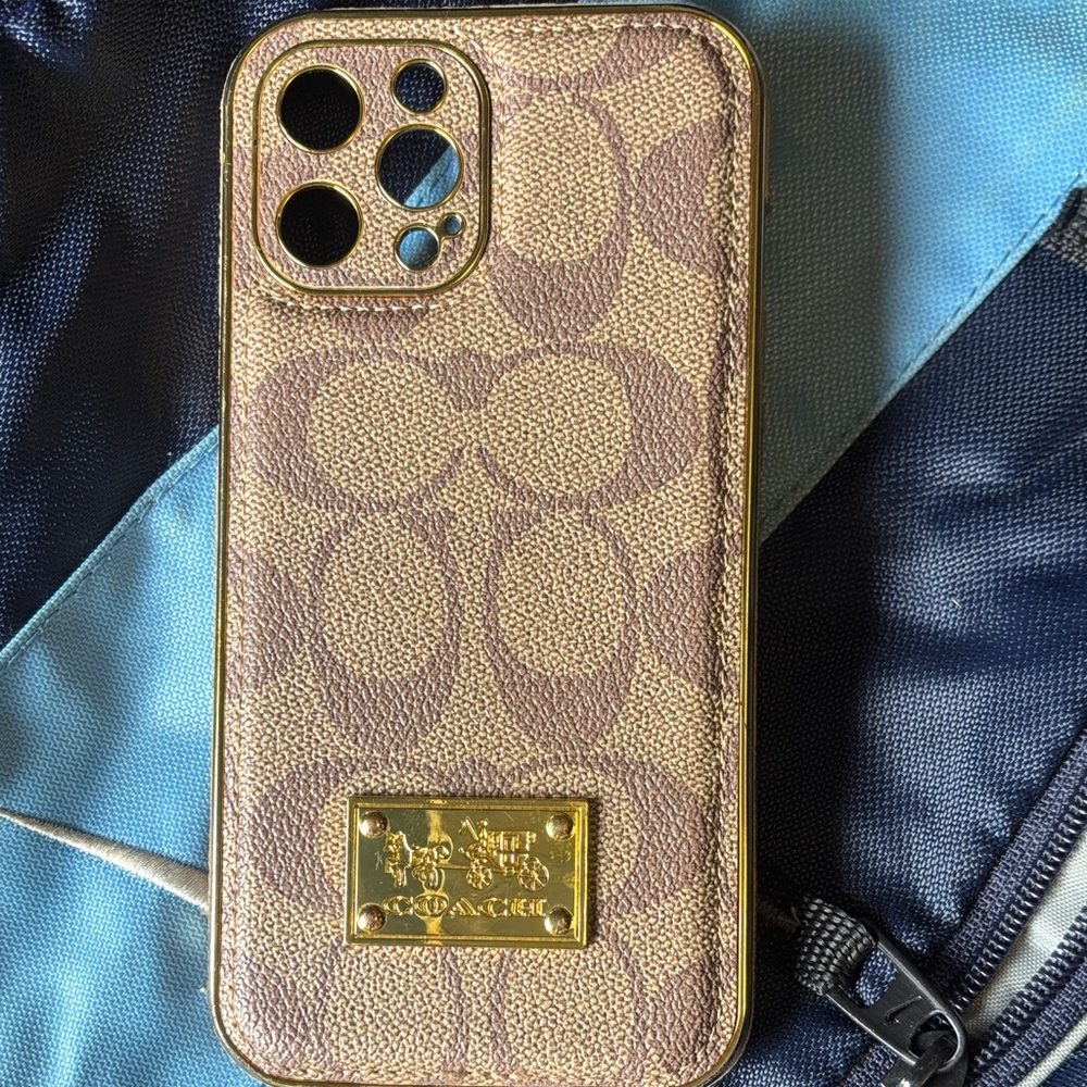 Coach Signature Pinkish Brown Leather Phone Case with Gold Plate
